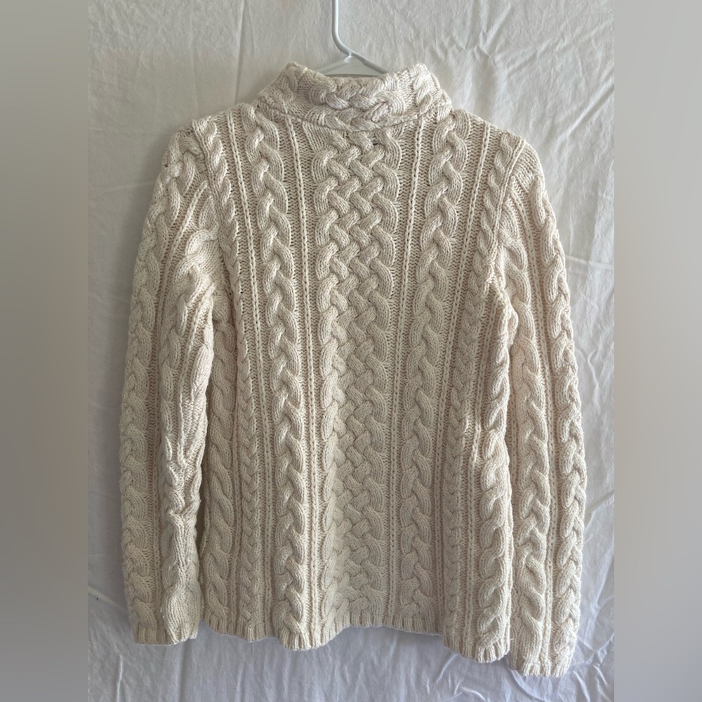 Women’s Lands’ End chunky cableknit cream wool cotton blend turtleneck sweater - Picture 3 of 7